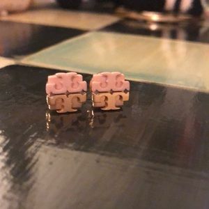 Tory Burch gold studs with pink accent